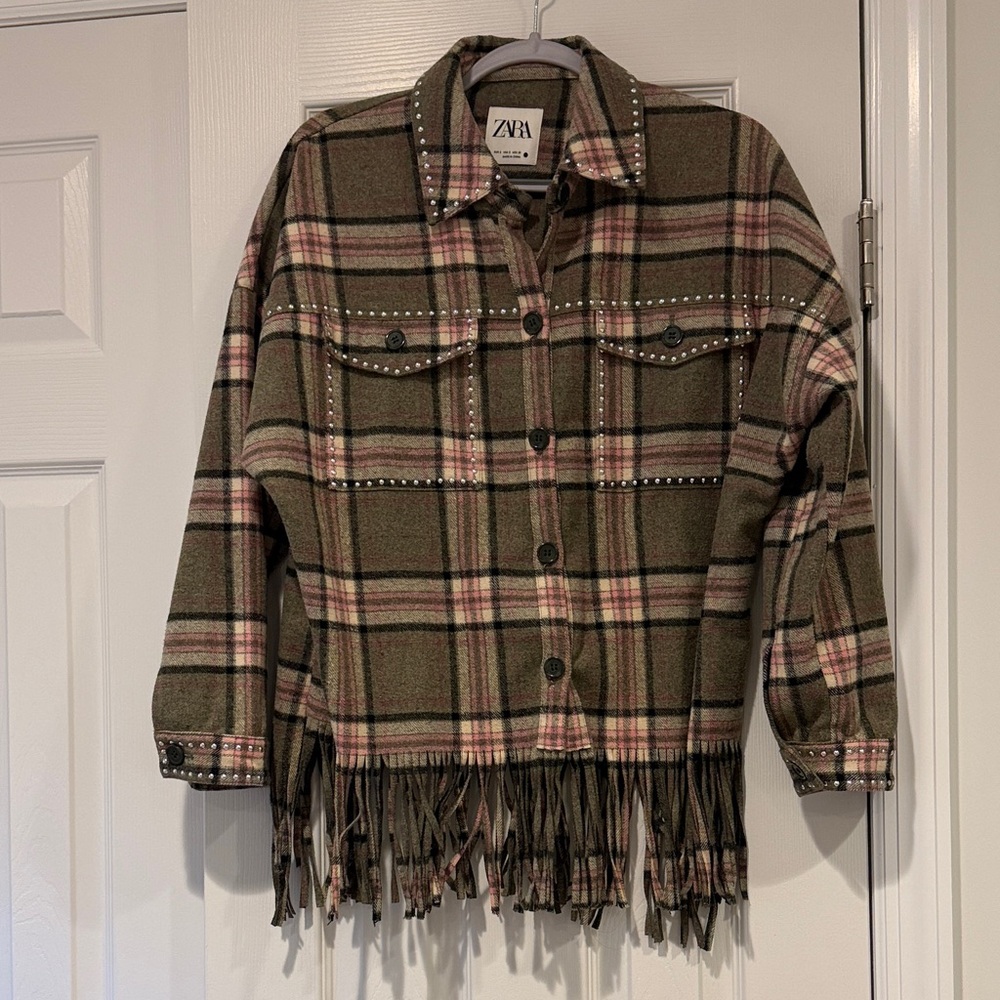 Zara Olive Plaid Shacket with Pink & Cream Accents and Fringe